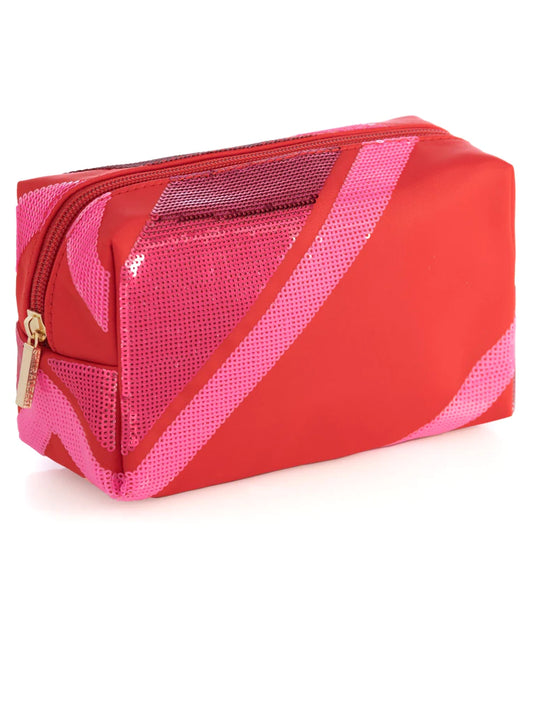 REd Cosmetic Bag with diagonal pink sequin stripes