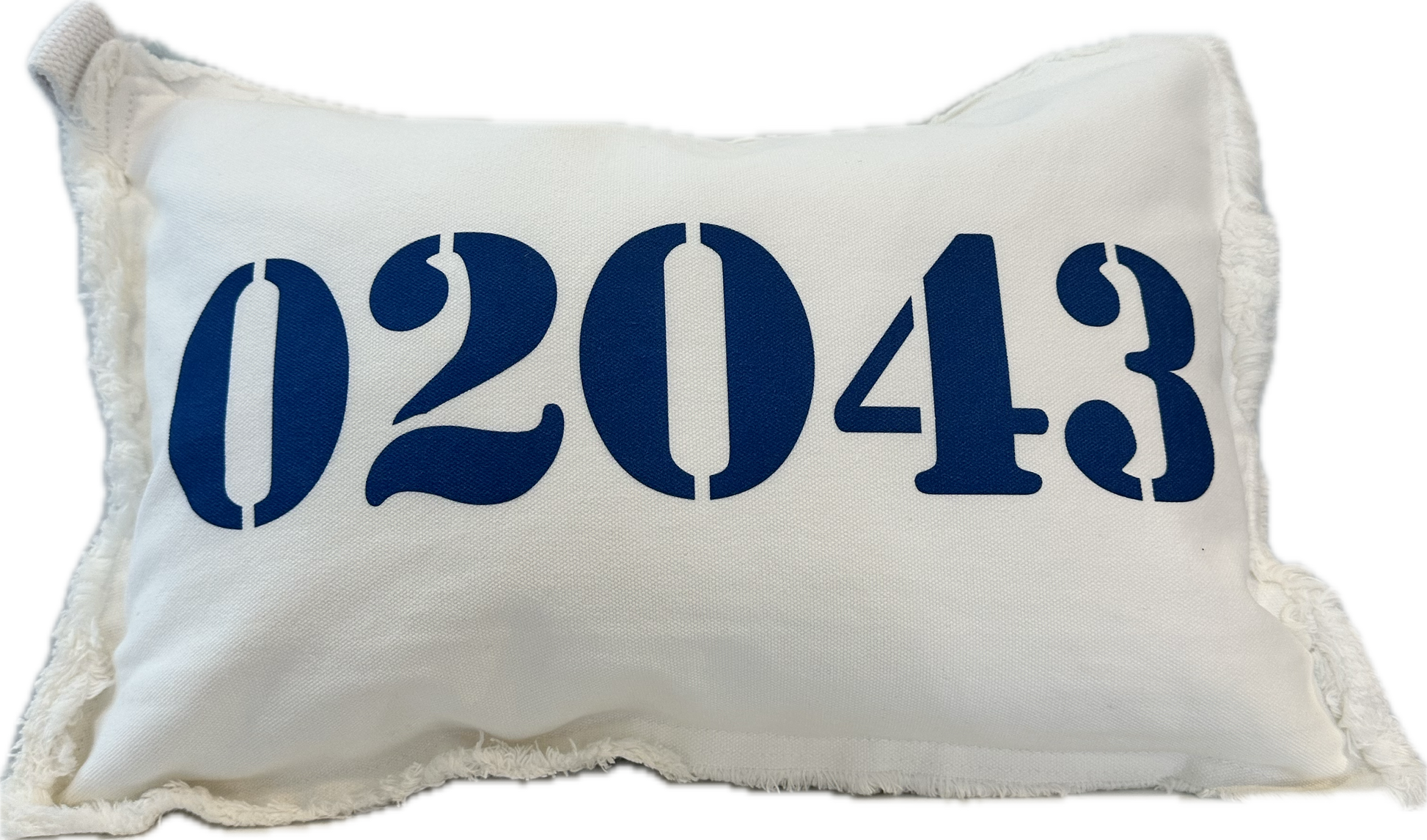 White 02043 zip code pillow with navy blue numbers
