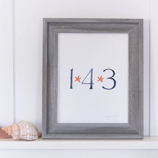 8x10 print of 143 in blue with red starfish in between the numbers