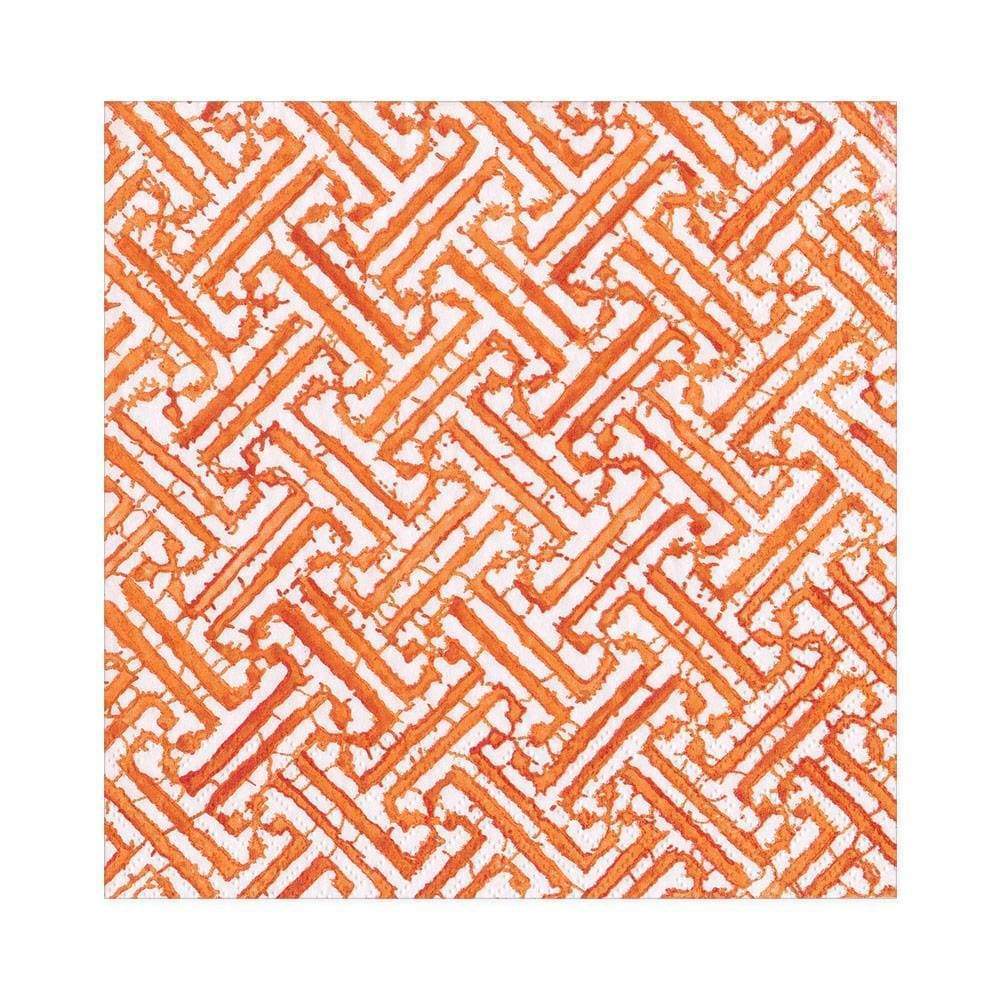 white luncheon napkin with orange geometric chinoiserie design