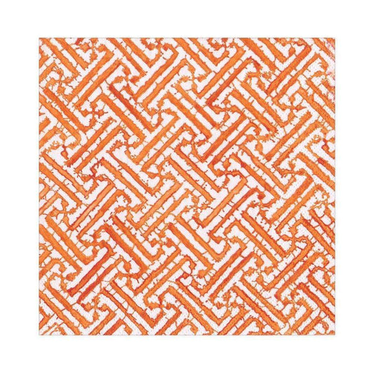 white luncheon napkin with orange geometric chinoiserie design