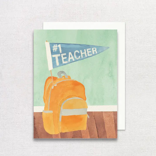 Card with water color graphic of a backpack on a hardwood floor with a flag  in the bag that states #1 Teacher