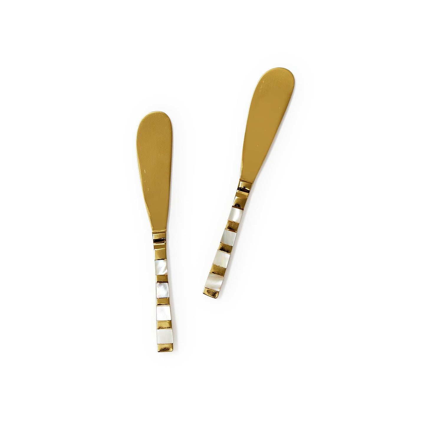 Set of 2 gold cheese spreaders with mother of pearl handles