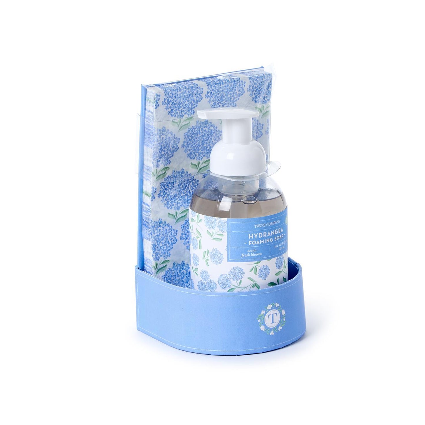 A set of Hydrangea liquid soap with a pump dispenser and a pack of guest towels with a hydrangea pattern in blue and white colors.