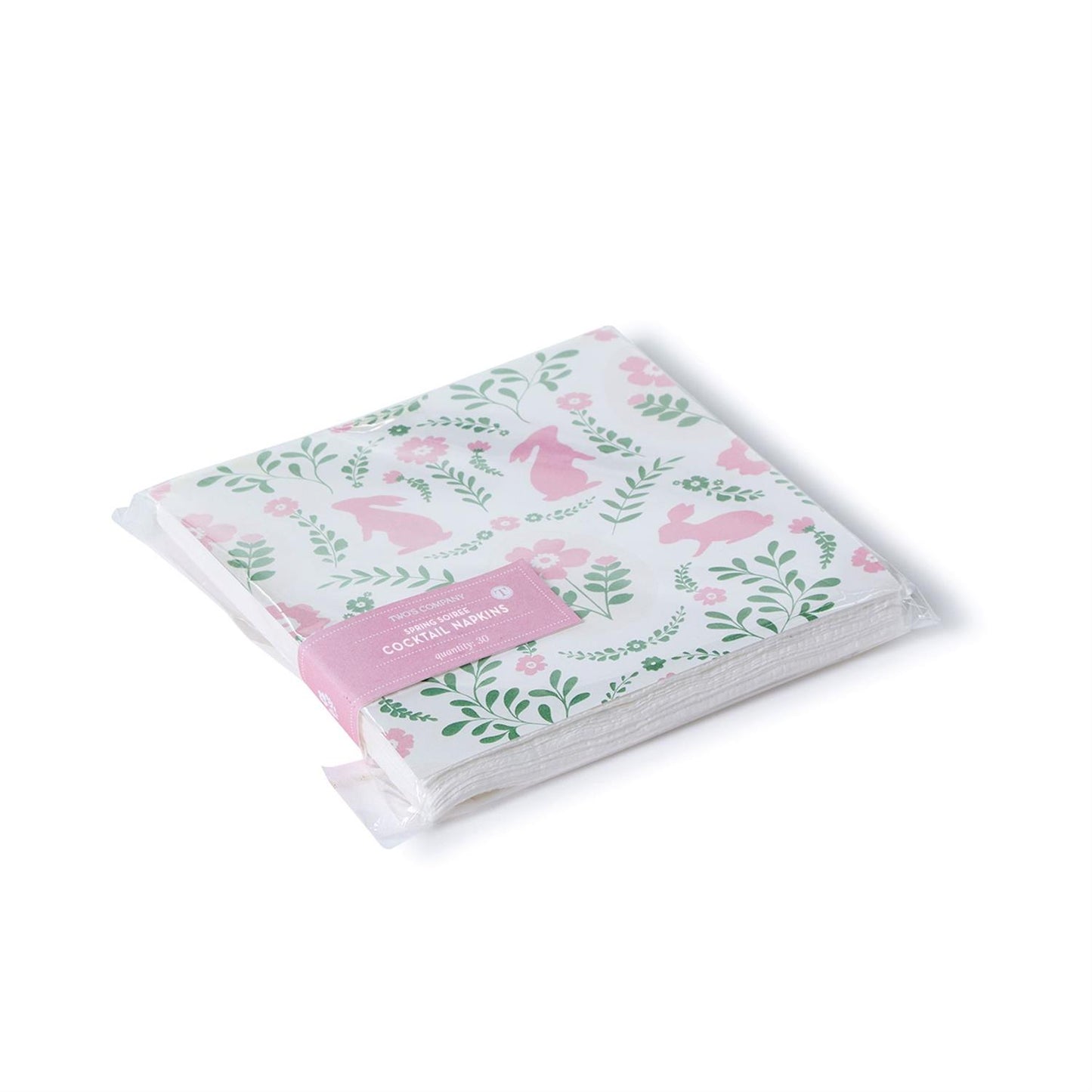 Pack of cocktail napkins with floral and bunny design on a white background