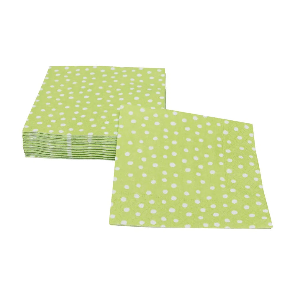 A stack of green cocktail napkins with white dots pattern.