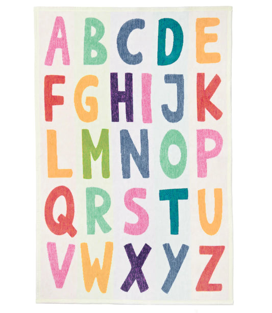 A mini blanket with a colorful alphabet design from A to Z on a white background.