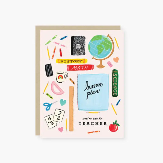 Light Pink Card with school graphics scattered.   You're A+ Teacher
