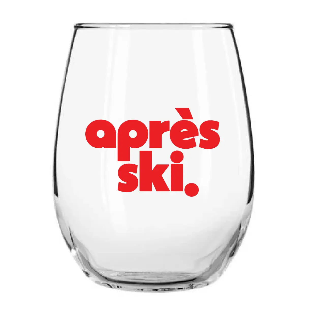 Clear wine glass with red 'après ski.' text on a white background