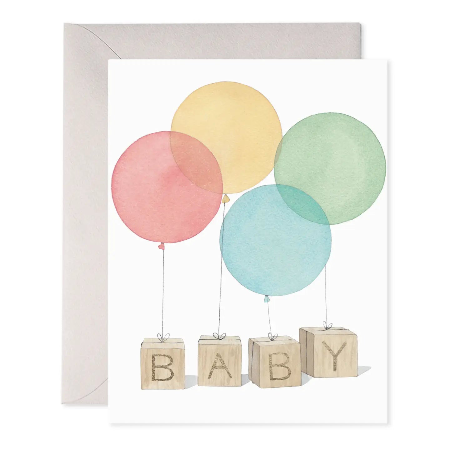Greeting card with pastel balloons and wooden blocks spelling 'BABY' on a white background.