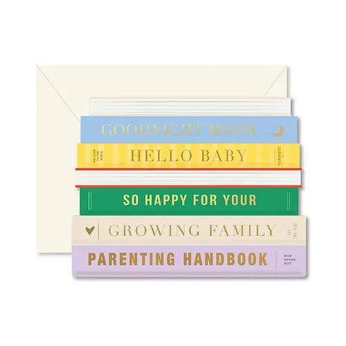 Card with different colored baby books on the front