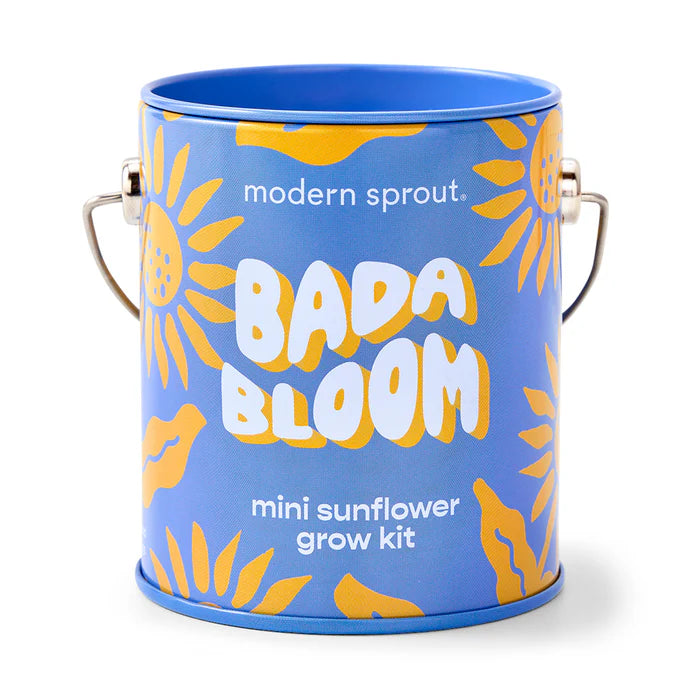 Mini Sunflower grow kit in blue paint can with "Bada Bloom" printed on it along with yellow sunflowers