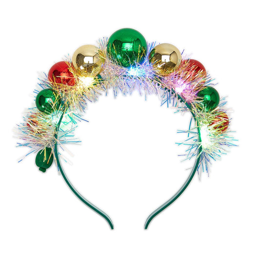 A headband featuring a series of metallic ball ornaments with LED lights in multiple colors, designed to fit most sizes.