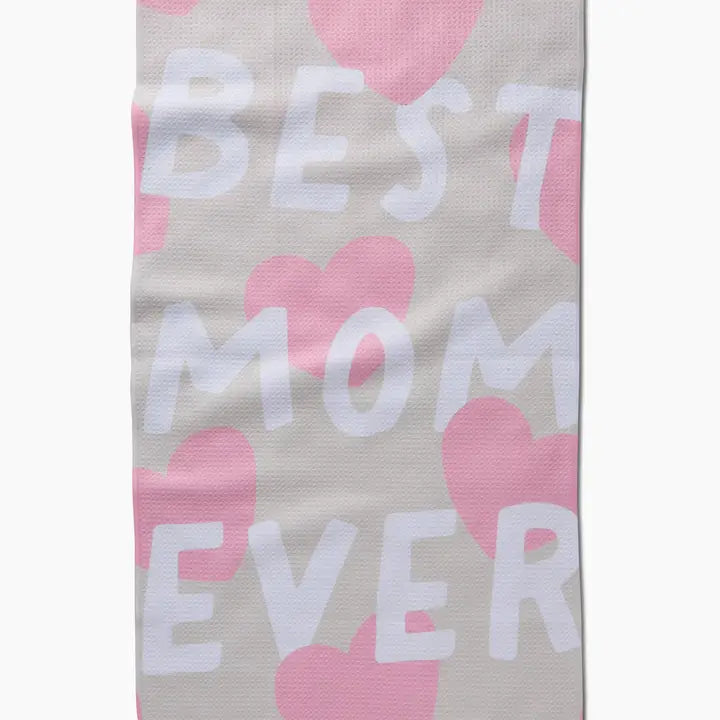 Beige background with large pink hearts. in block letters 'Best Mom Ever'