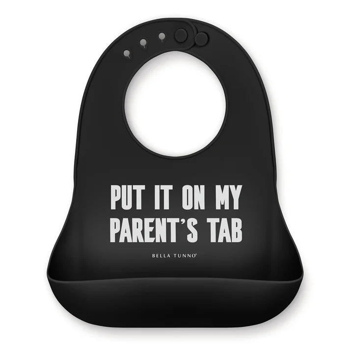 Bella Tunno black food grade silicone bib with "Put it on my parent's tab" printed in white lettering