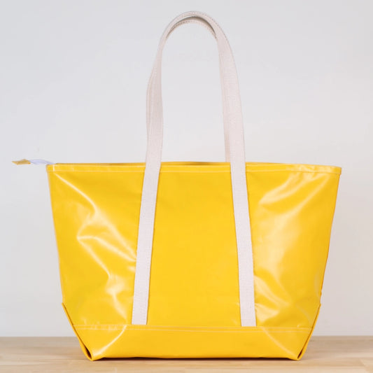 Large Yellow Tote with water resistant material and white cotton handles