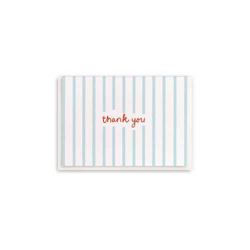 White card with teal stripes and Orange cursive letters in the middle that say "Thank you".
