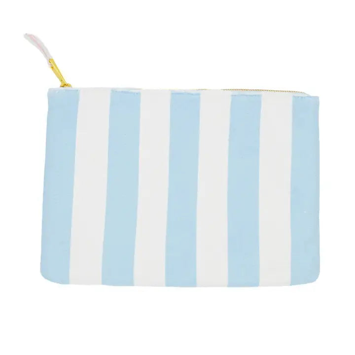 Striped pouch with blue and white horizontal stripes