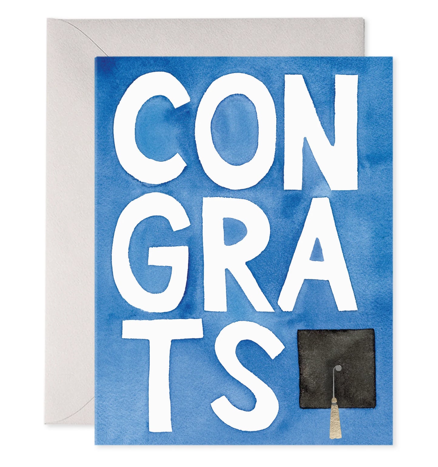 Blue graduation card with white lettering that says congrats with a graduation cap in the bottom right corner.