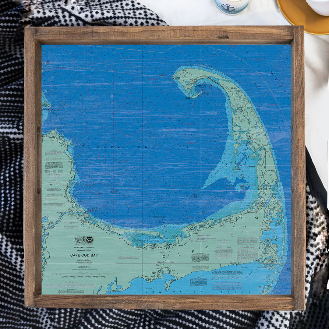 Wooden tray with blue background and map of cape cod
