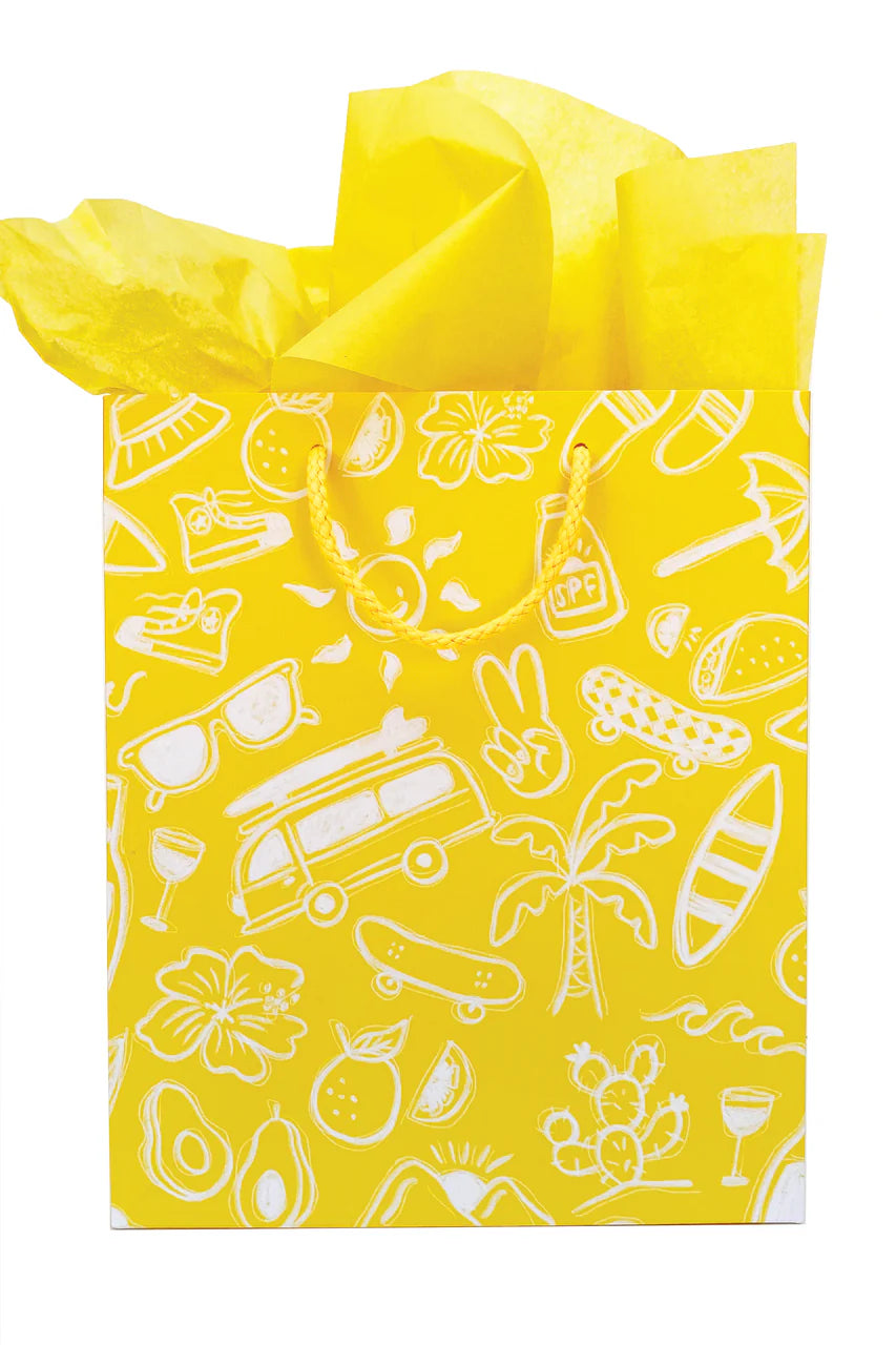 Yellow bag with white objects all over it