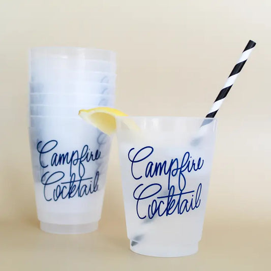 Clear cups with cursive words on them that are navy blue