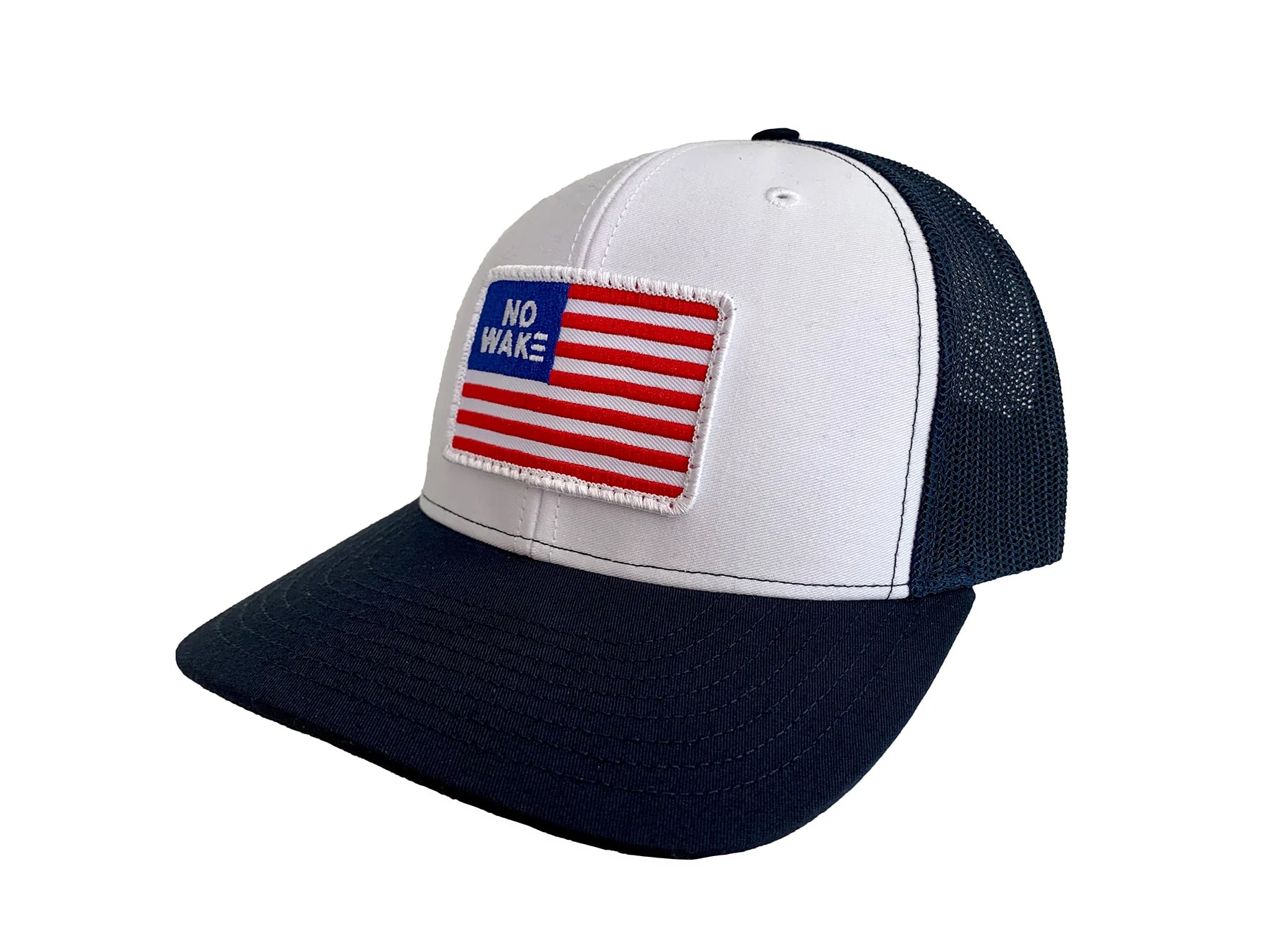 Navy and White Hat with an American Flag Patch that has NO WAKE written on it