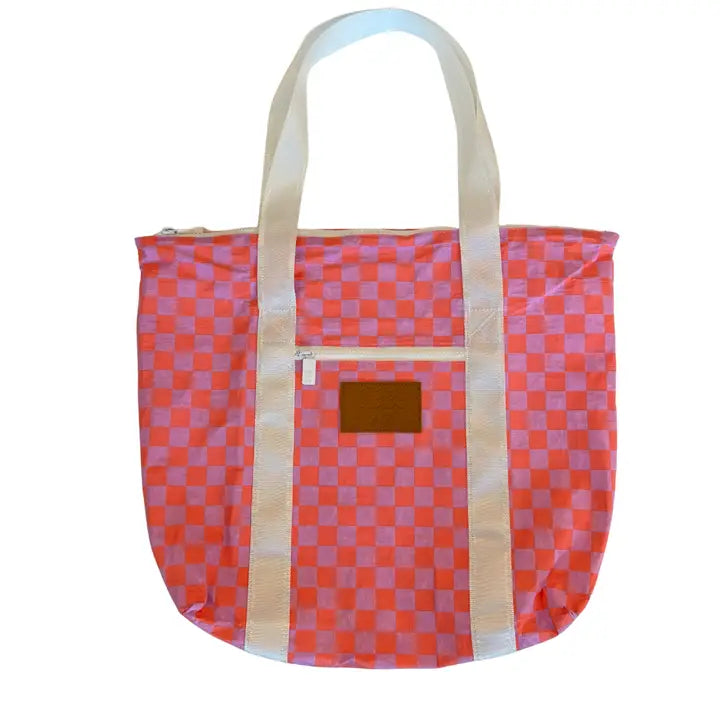 Pink Coral Checker Water Resistant Shoulder Tote
