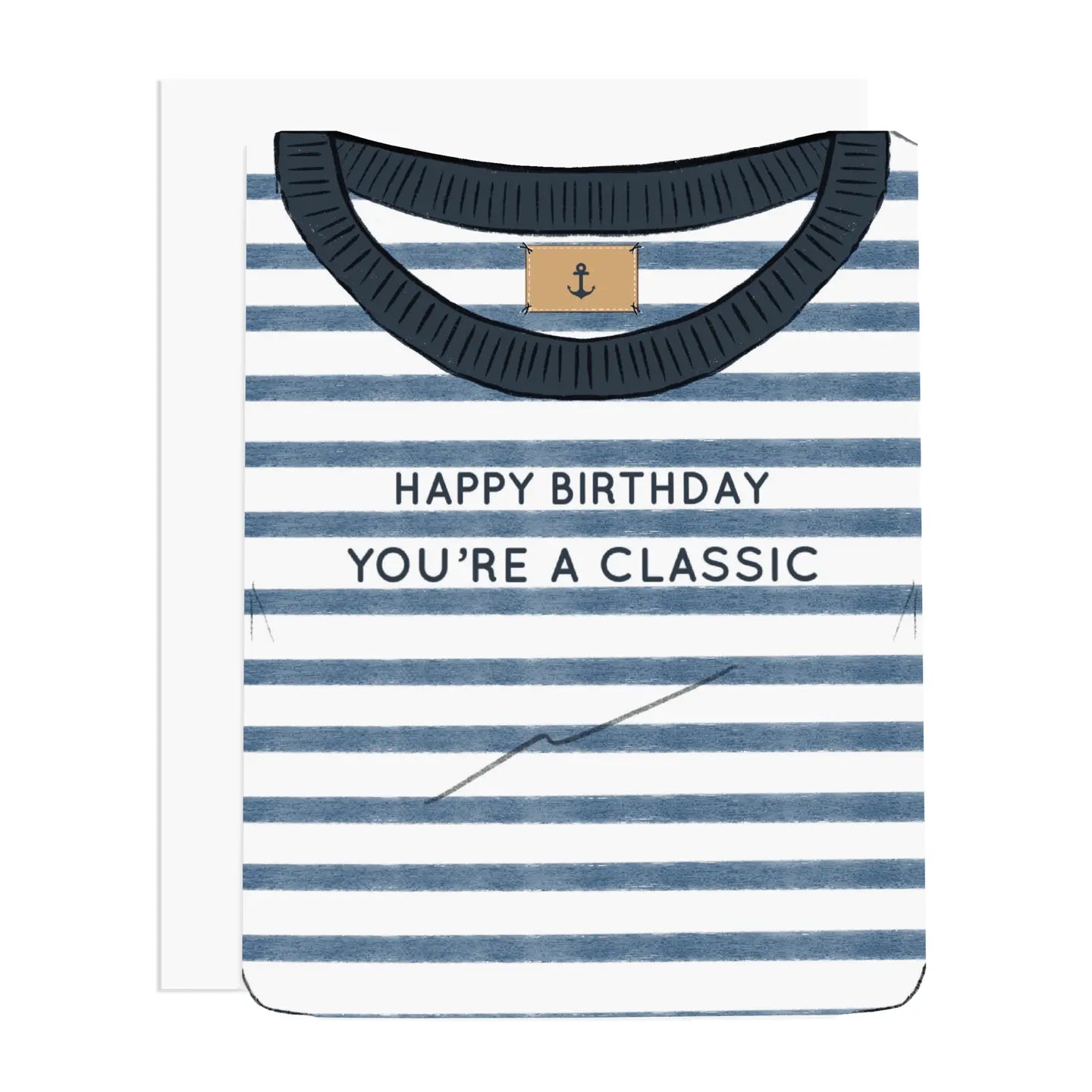 Birthday card with blue and white striped t-shirt that reads, "Happy Birthday You're a Classic"