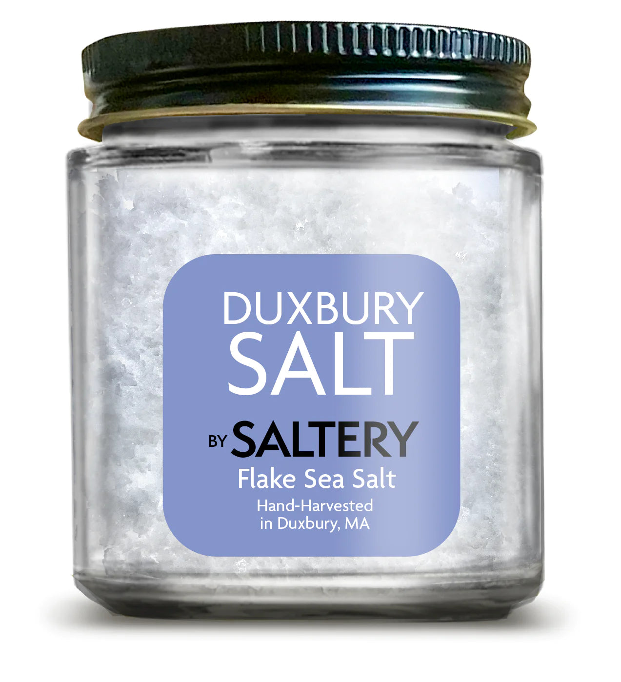 Classic jar of Duxbury Salt with a blue label and a black lid.