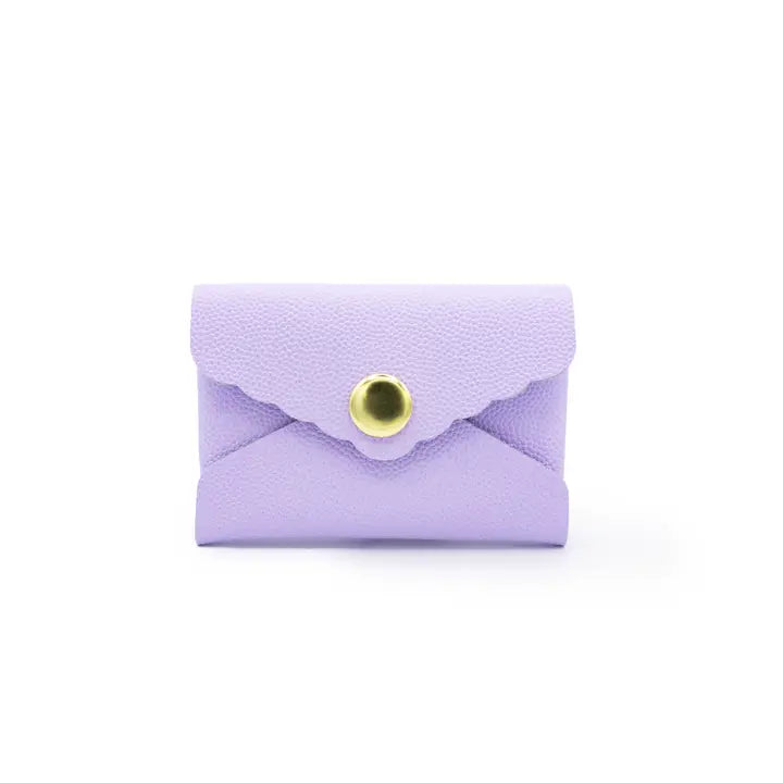 mini leather envelope style wallet in lavender with brass snap closure