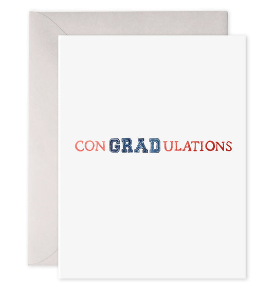 White graduation card with red and blue lettering.