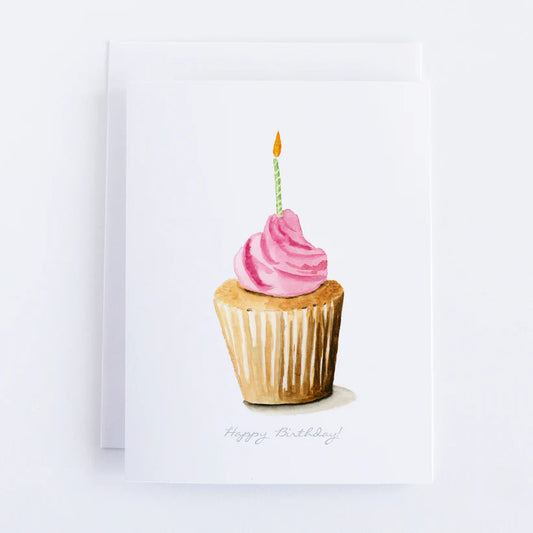 White Single Card with a pink cupcake (and candle) in center of card