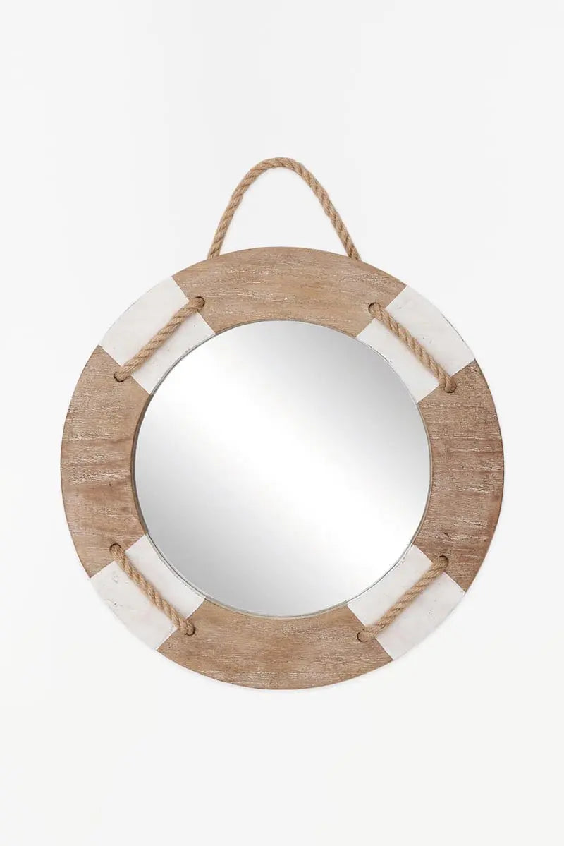 round mirror surrounded by wooden life buoy shaped frame with thick white stripes and natural sailors line (rope) woven through it