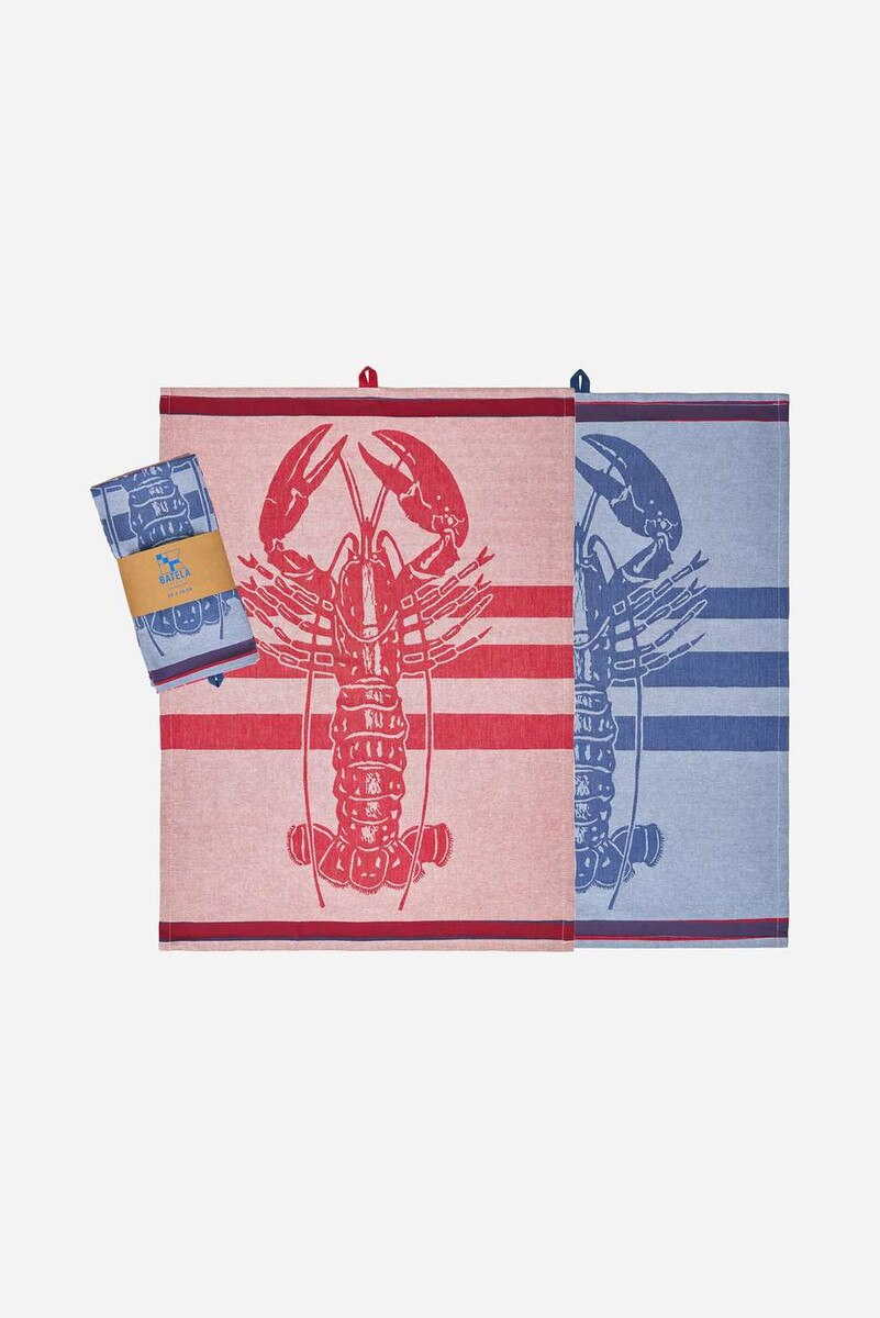 Set of two tea towels (one red and one blue) with lobster design