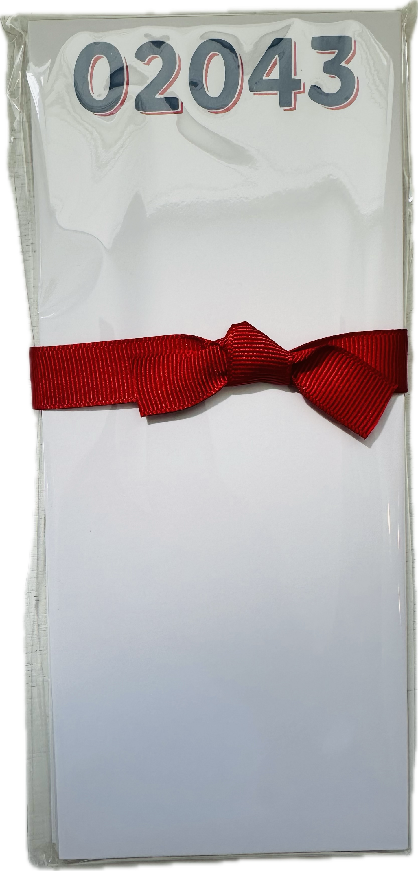 A paper product with a red ribbon bow at the top, labeled '02043' in a clear plastic packaging.