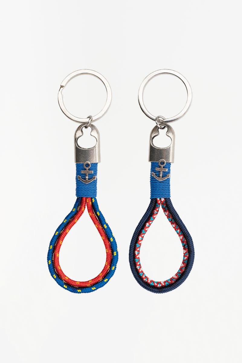 Keychain with Navy, royal blue and red sailors twine with a small silver metal Anchor