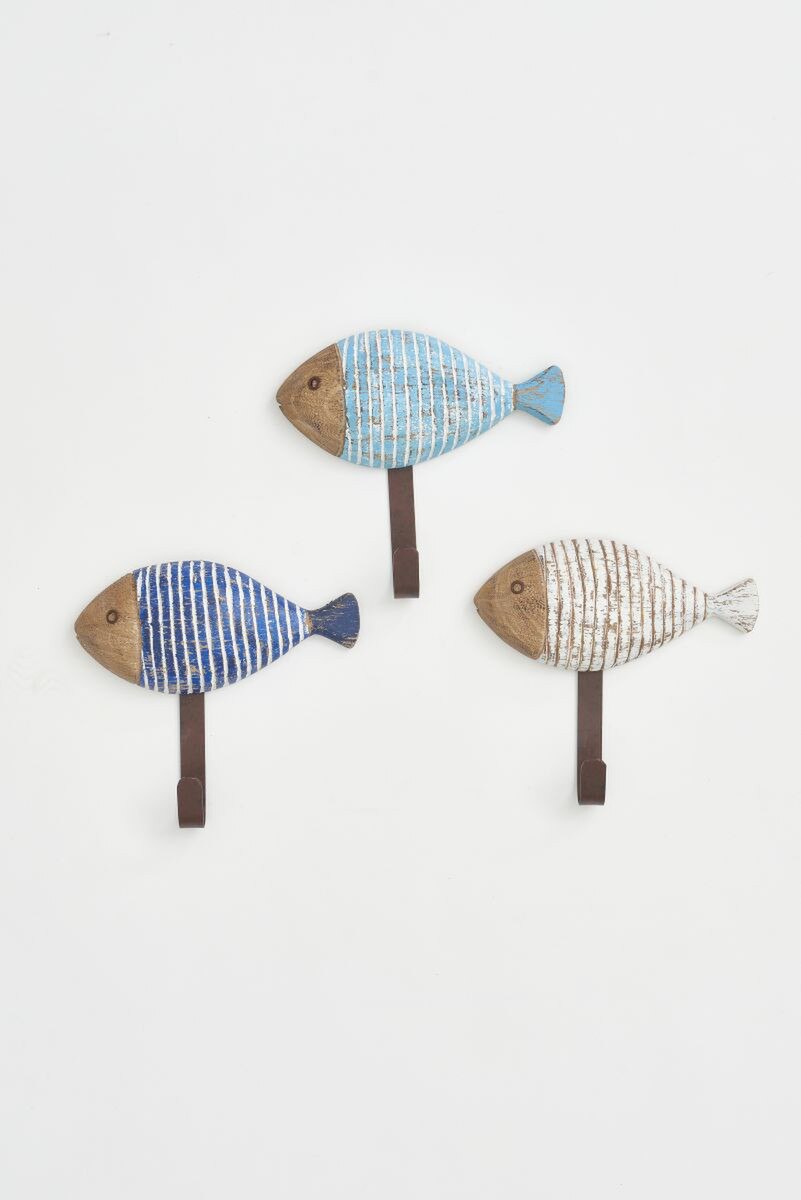 Set of three striped fish-shaped coat hooks