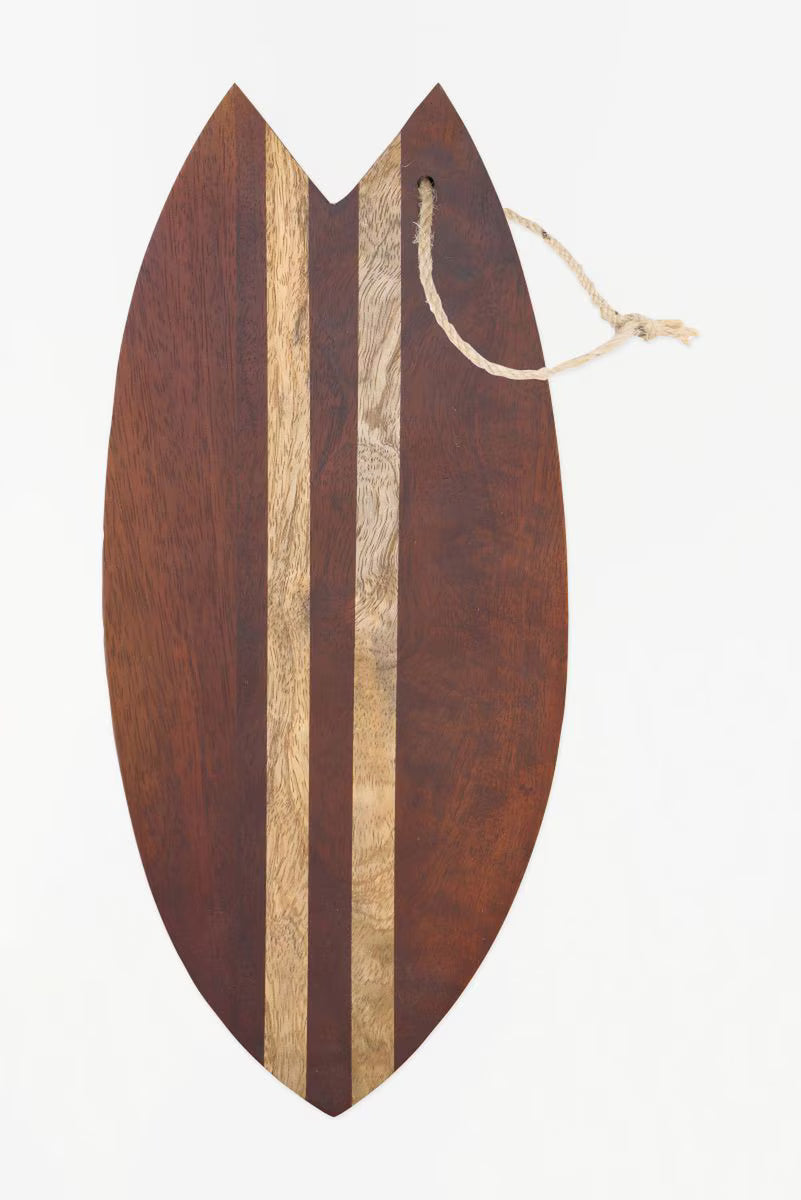 Wooden surfboard-shaped cutting board with a rope handle
