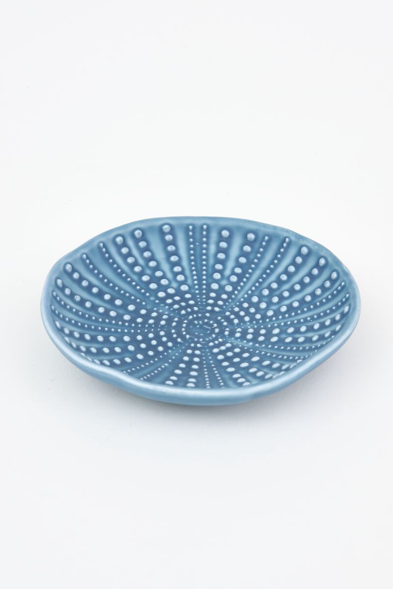 Blue ceramic plate with textured sea urchin design