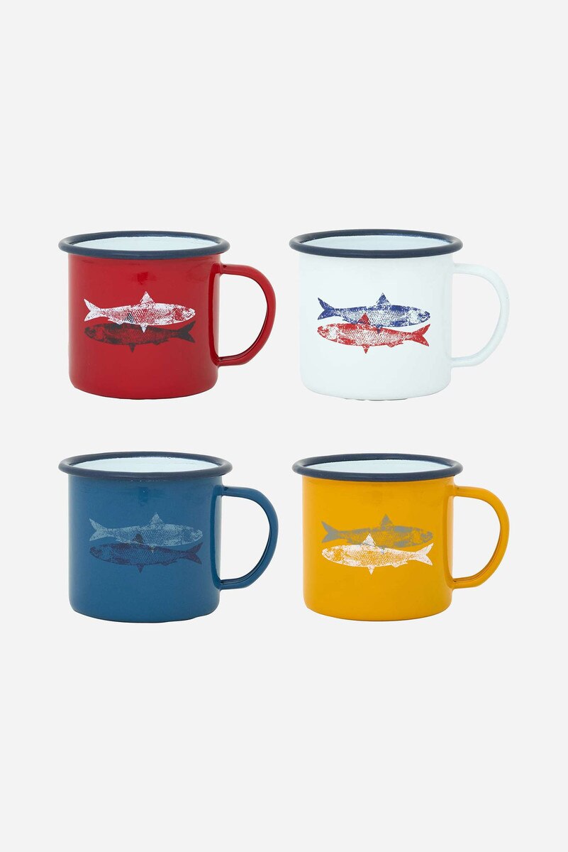 Set of four colorful enamel cups/mugs with fish illustrations
