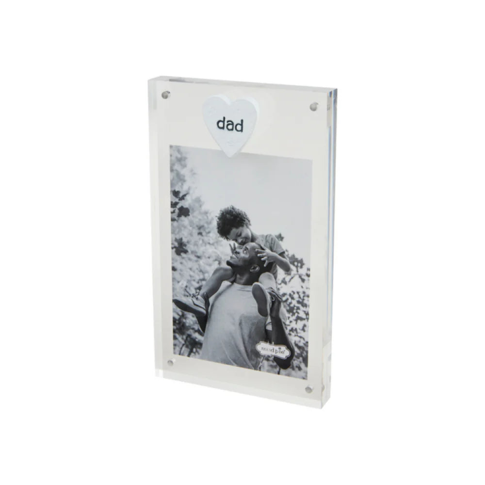 Acrylic frame with etched heart and "dad' written on it