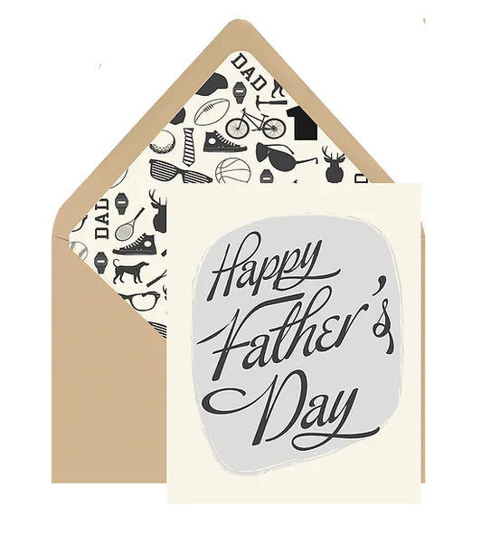 Father's Day Card with script font 'Happy Father's Day'.  the envelope has a liner with 'dad' theme graphics