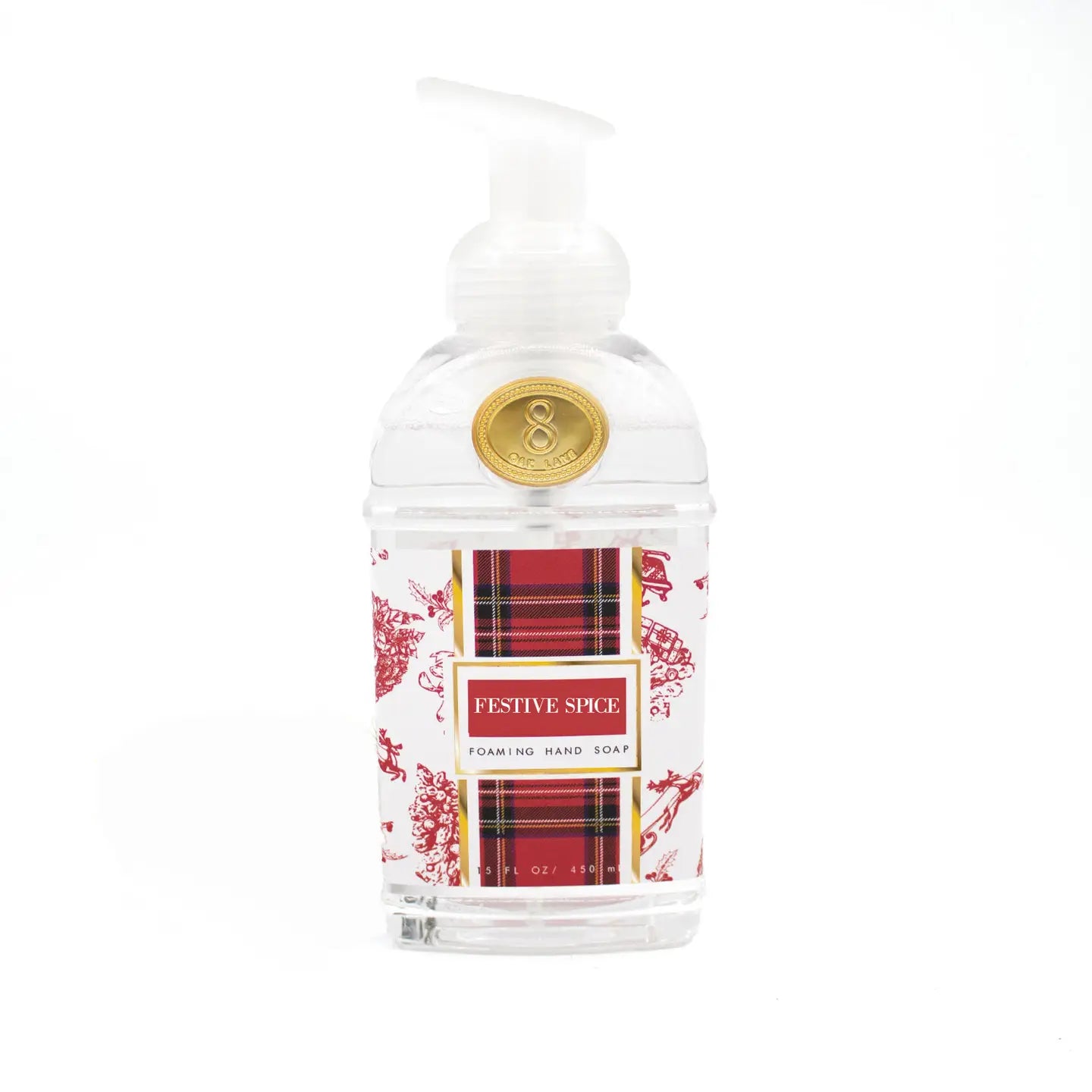 Foaming hand soap bottle with plaid design and gold emblem on a white background