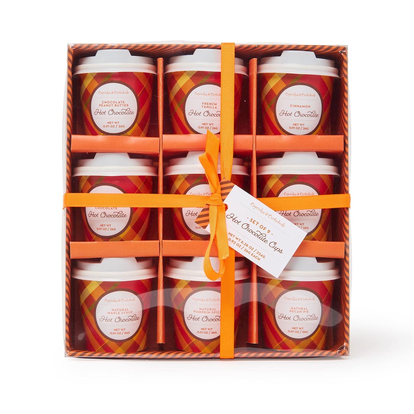 Set of hot chocolate cups in a decorative box with an orange ribbon