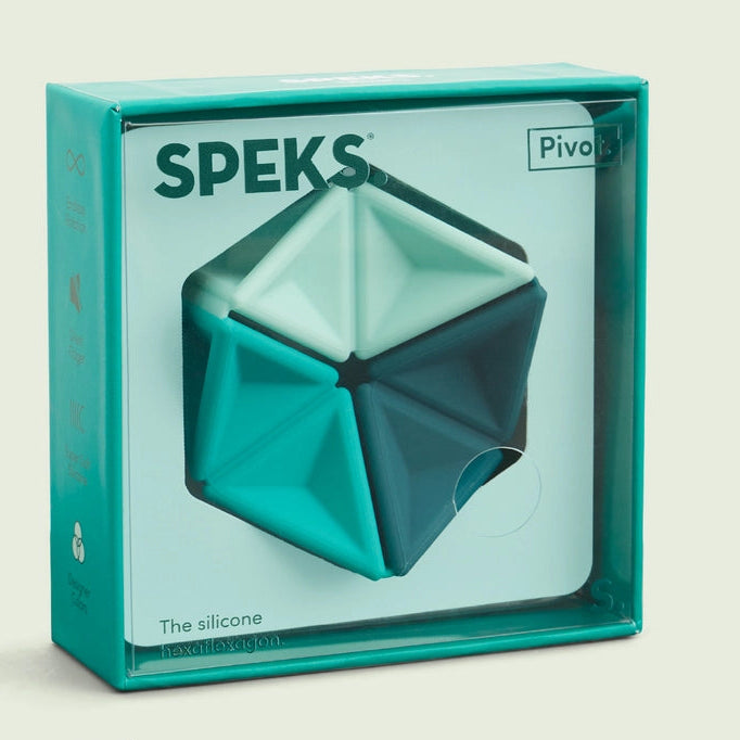 Speks pivot silocone flexagon in teal , dark green and sea green packaged in a teal and clear box
