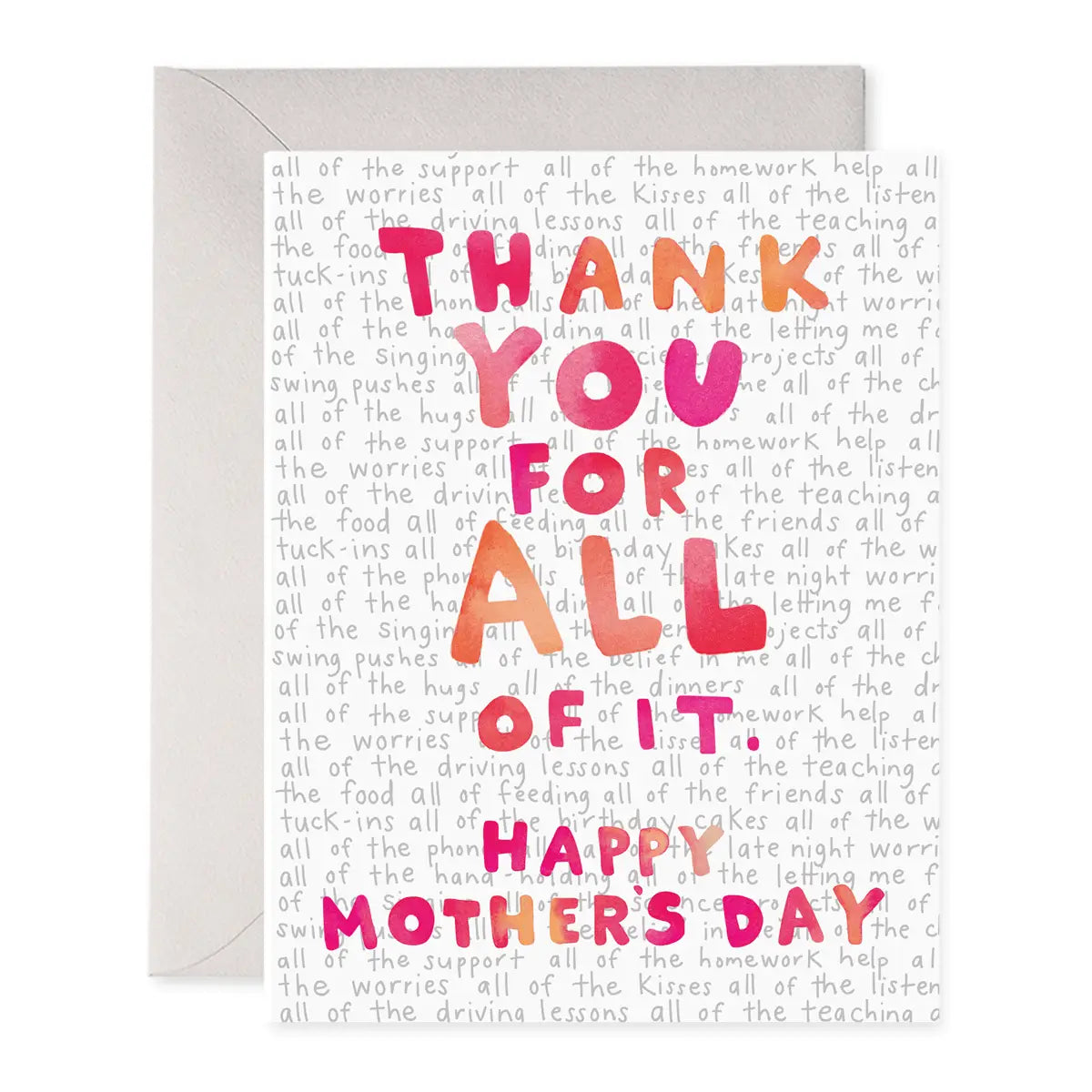 White Mothers day card that has orange and pink words and gray messages in the background.