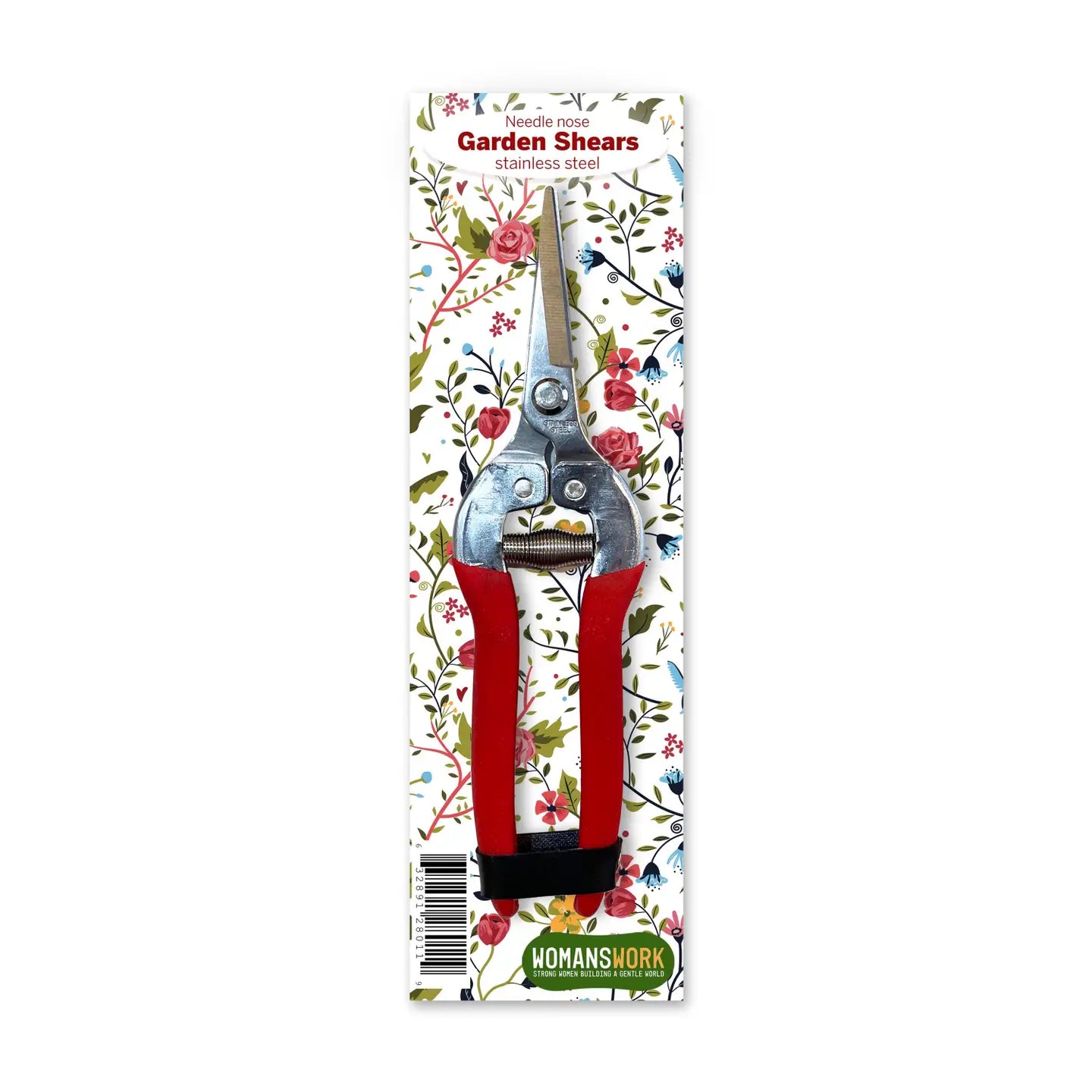 Garden Sheers with red handles. Packaging has floral print