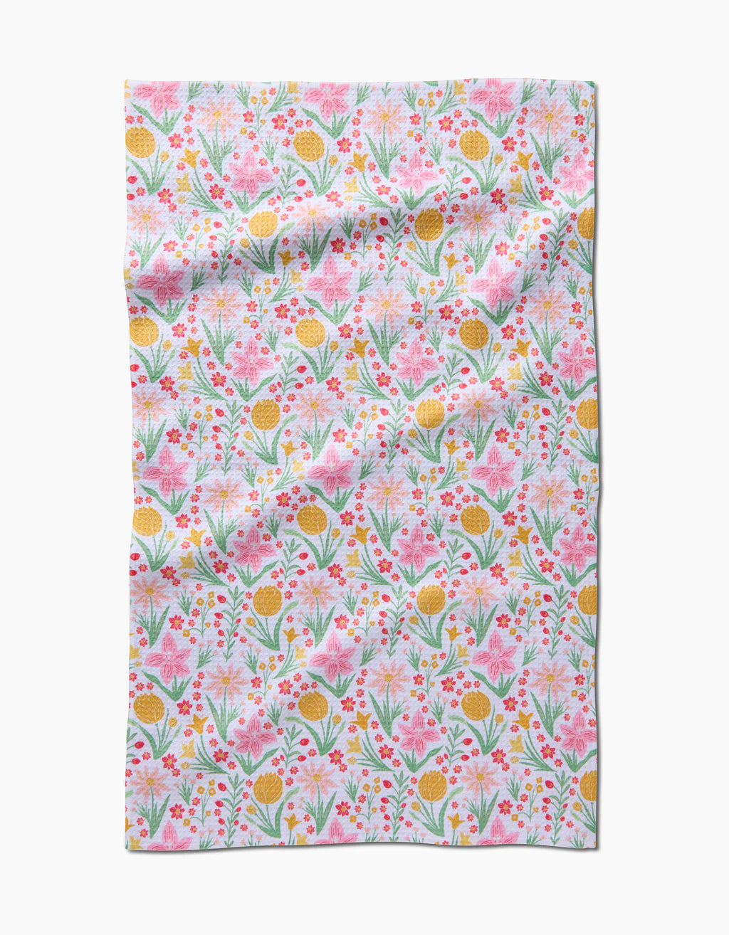 A super-absorbent, fast-drying kitchen towel with pastel green, pink, and orange flowers