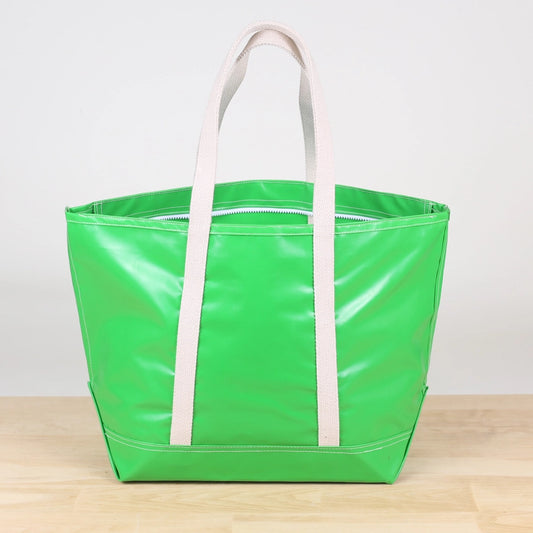 Large Green Tote with water resistant material and thick white cotton handles